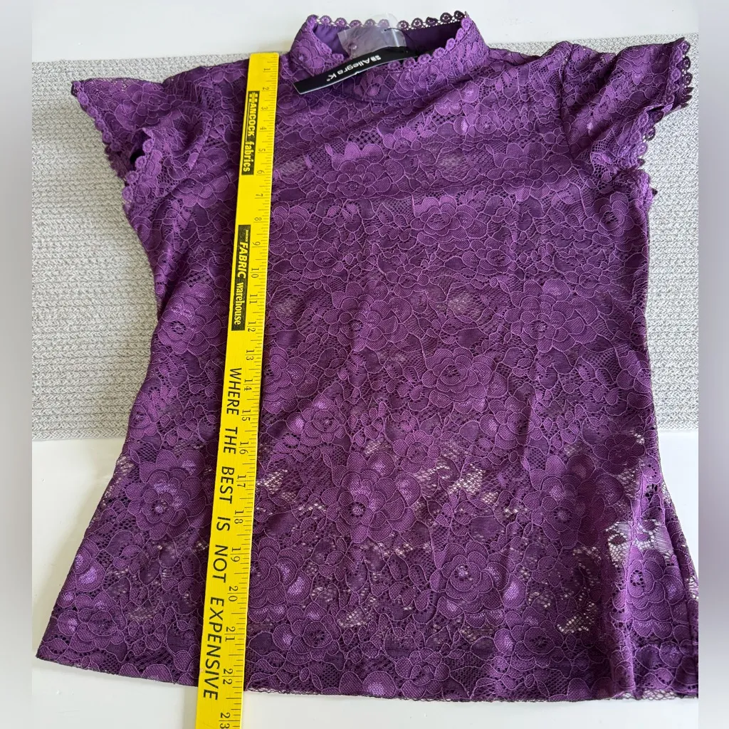 Allegra K Purple Violet Sheer Lace High Neck Short Sleeve Blouse Size Small NWT - Image 9