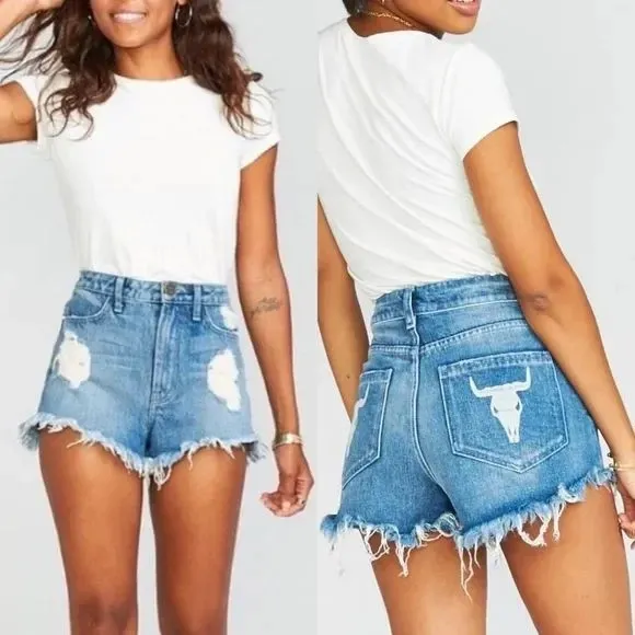 Distressed Denim Western High Waisted Shorts- Size 25 - Image 2