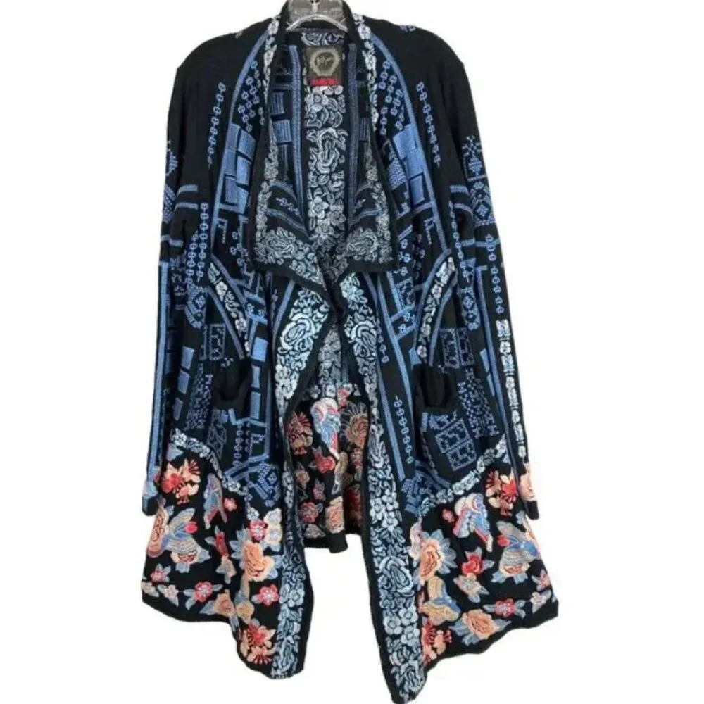 💕JOHNNY WAS💕 BIYA Klori Wrap Cardigan ~ Black Embroidered Floral Print M NWOT - Image 8