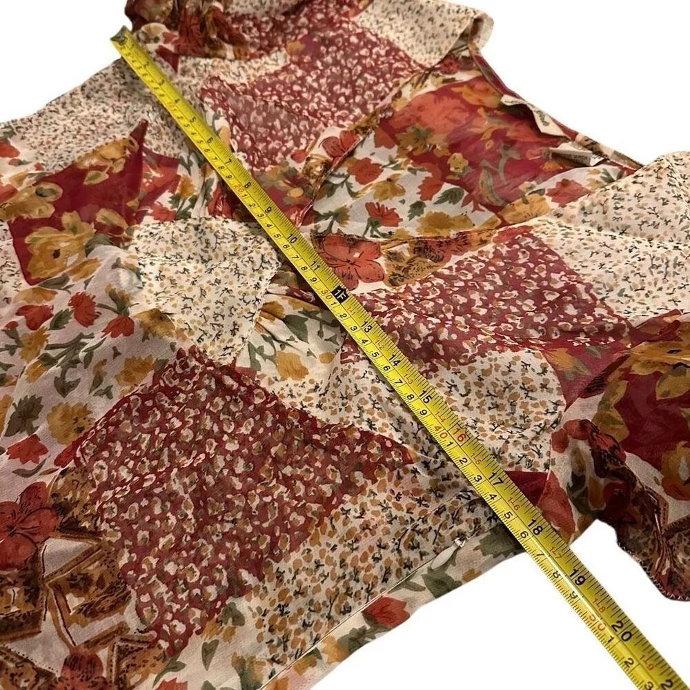 Vintage Women’s Red Cream Orange Floral Flowy Blouse Boho Cottagecore Girly Femi Size L - Image 4