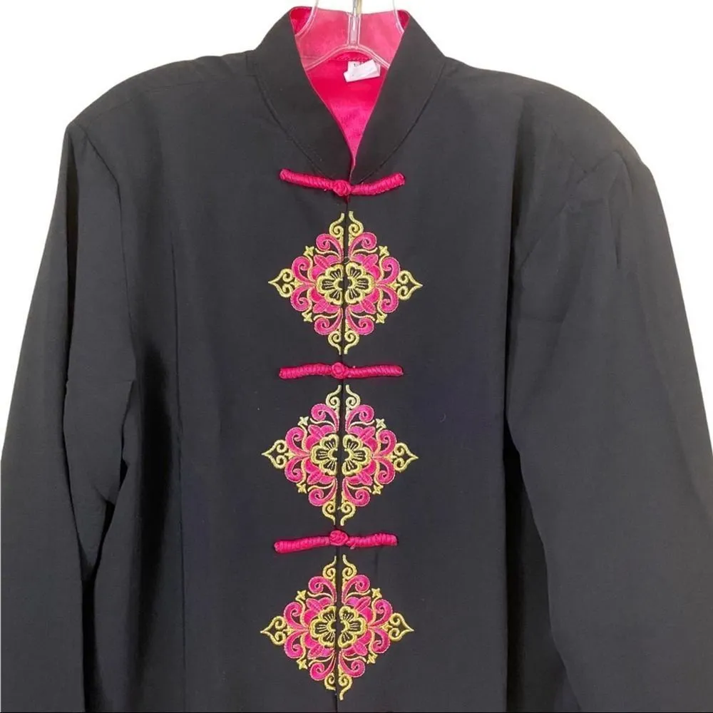 Asian 100% Silk Embroidered Black Pink Jacket Top Size Medium - Image 2