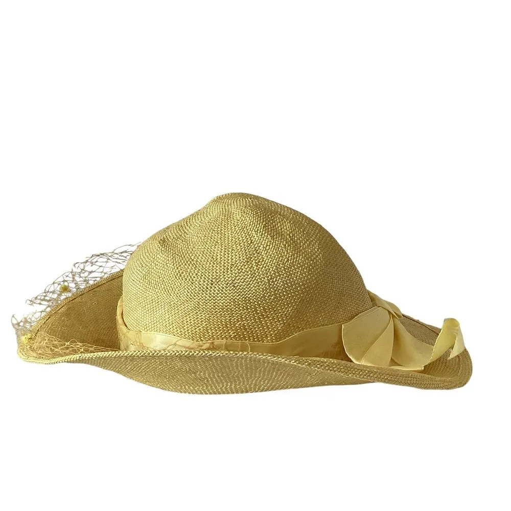 Vintage 1970s Straw Hat with Ribbon Bow Yellow - Image 3
