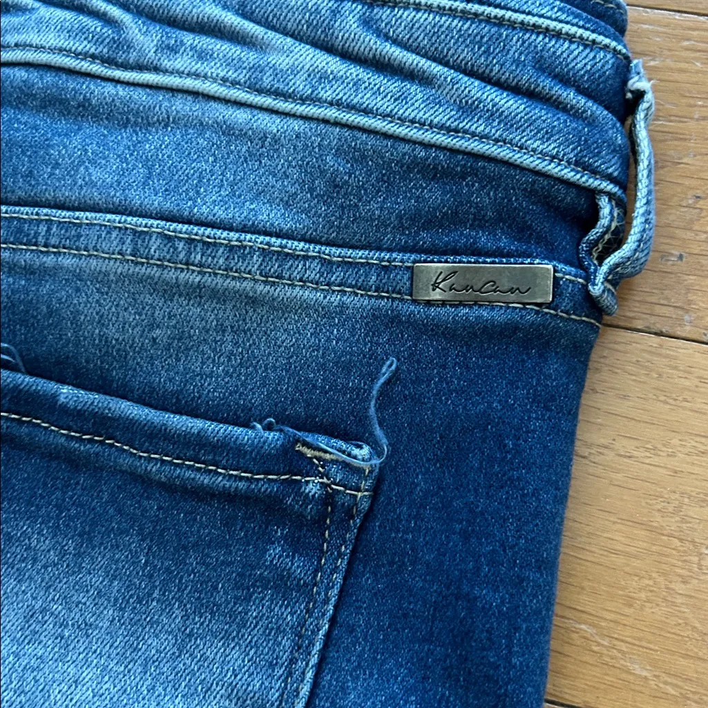 KanCan Flared Jeans Women’s 31 Button Front Distressed Raw Hem Dark Wash Blue - Image 8