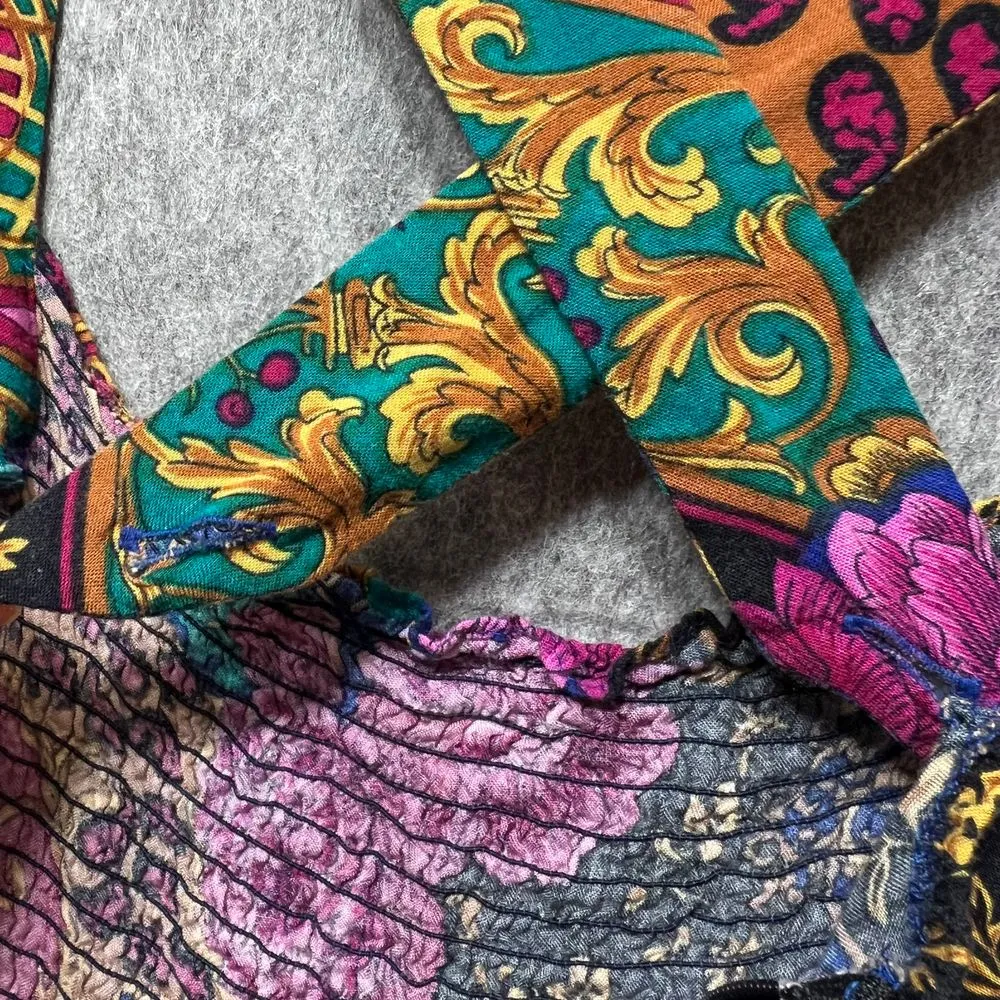 Vintage 90s Floral Midi Dress Cross Back Party Dress Rayon Sleeveless Summer‎ Gold Size undefined - Image 7