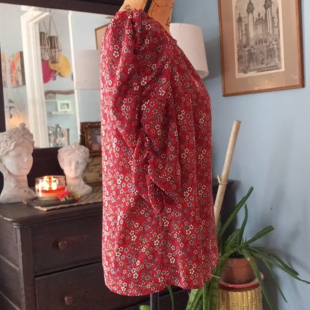 Max Studio Red Multicolored Floral Print Ruched Sleeve Blouse - Image 7