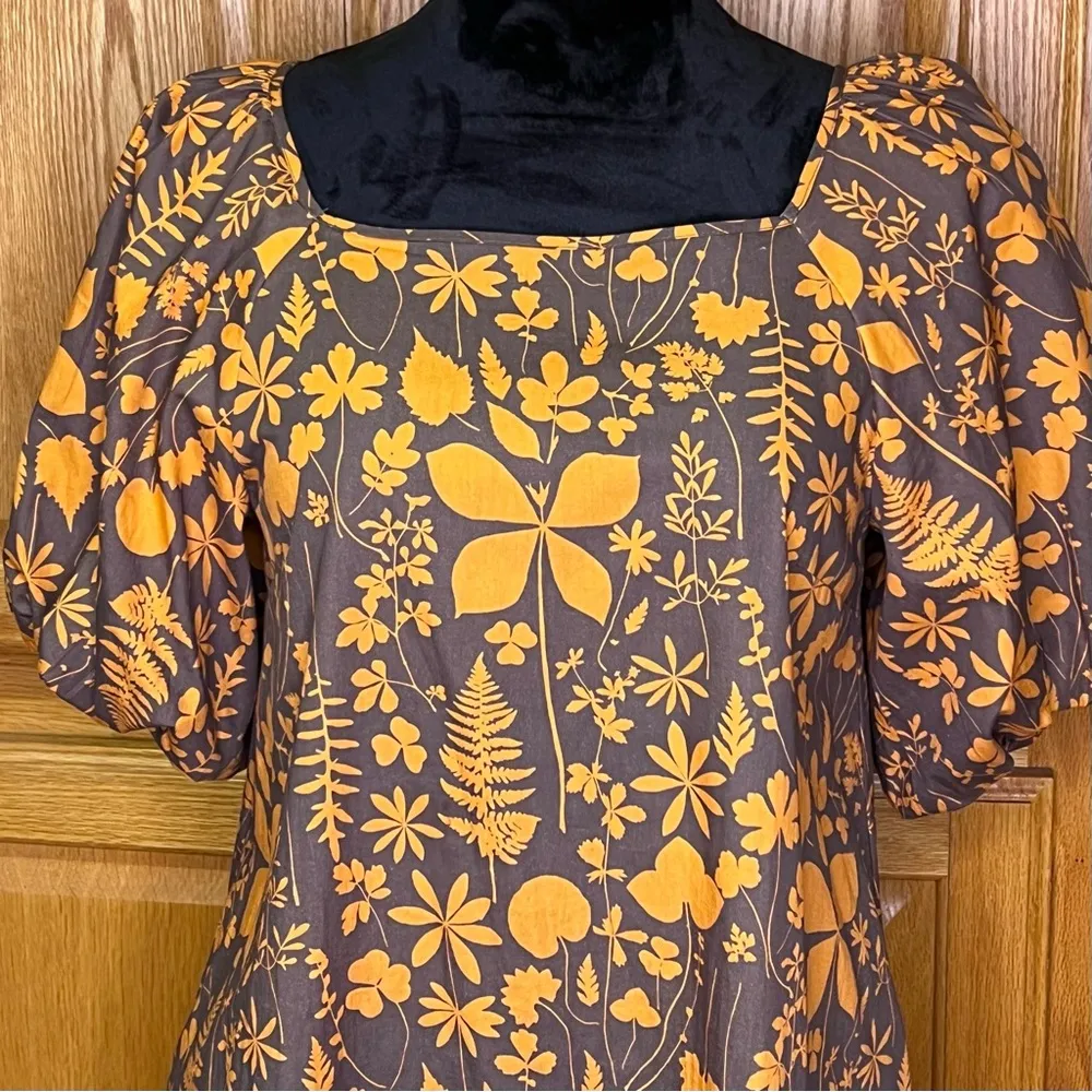 Porridge x Anthropologie Square Neck Puff Sleeve Cotton Poplin Babydoll Dress XS Orange - Image 2