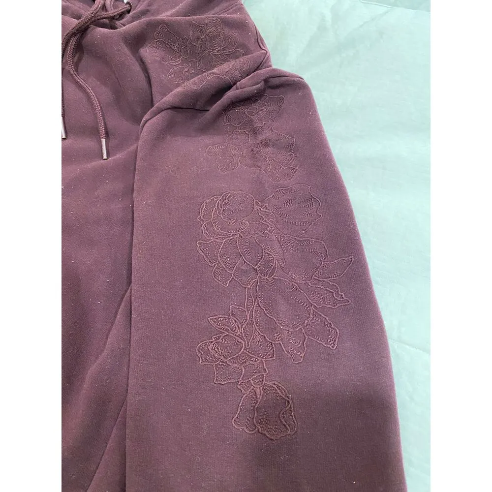 Athleta Floral Embroidered Kangaroo Pocket Drawstring Hoodie Red Women's Large - Image 6