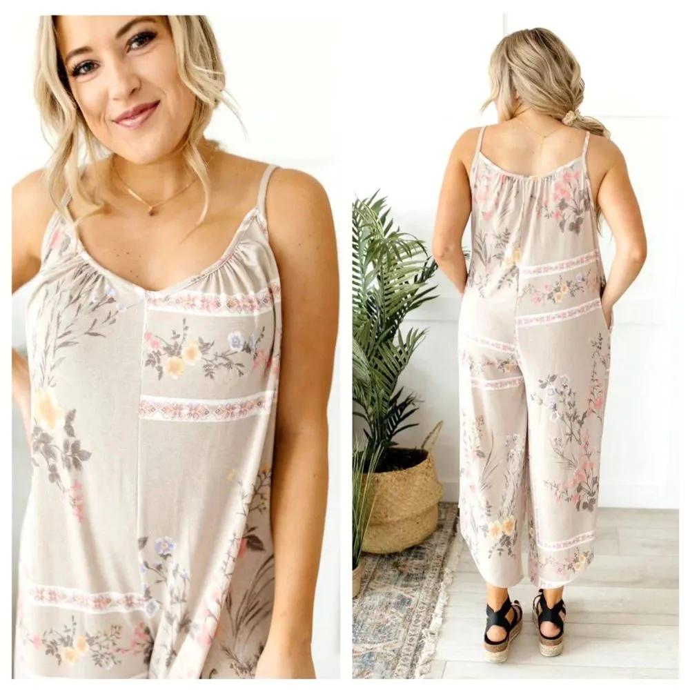 Ces Femme | Floral Taupe Jumpsuit Rayon Stretchy Cozy Layering Size Small - Image 3