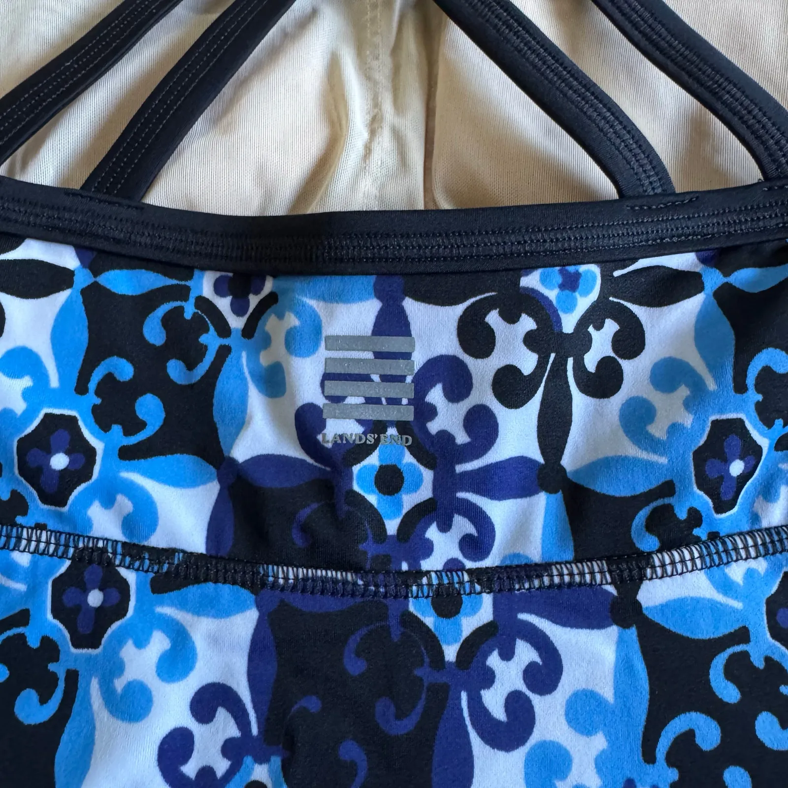 Lands End Womens Blue Black Geometric Floral Tankini Swim Suit Top Size 12 - Image 5