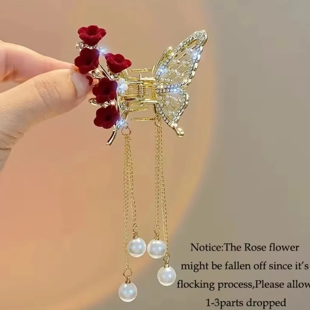 Faux Pearl Tassel Hair Claw Clip Red Rose Jaw Clips Metal Shark Clips For Girls Gold - Image 3