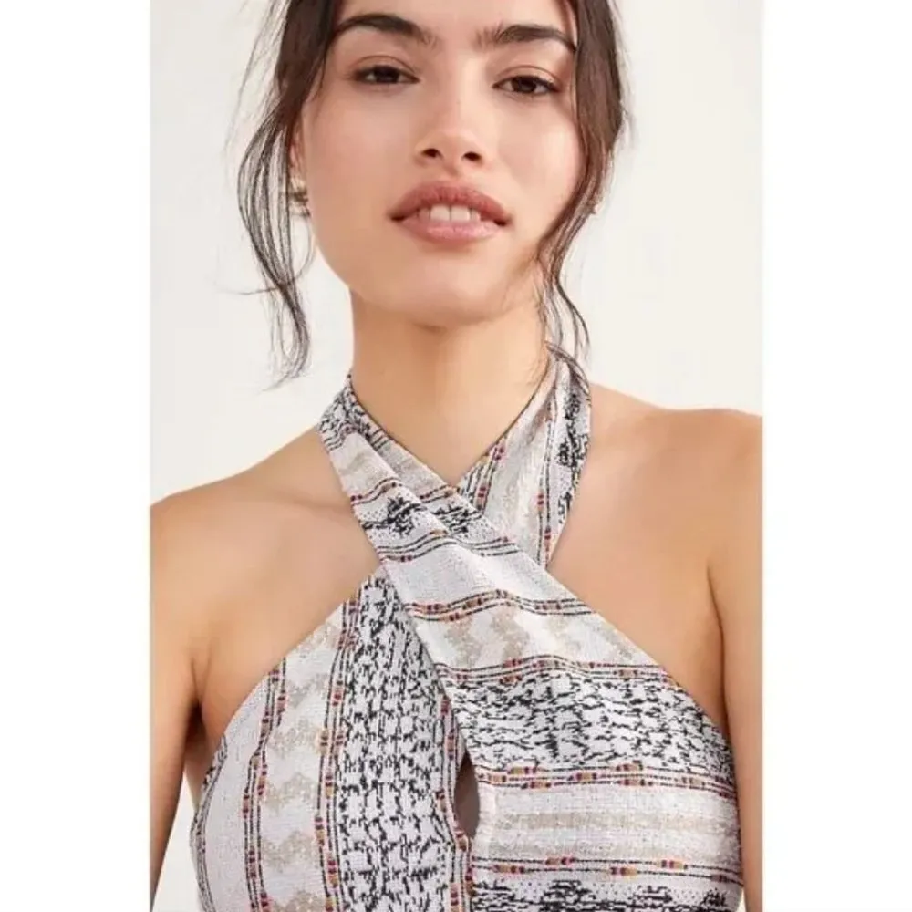 Anthropologie Leanne Jacquard Geometric Halter Tank XS Boho Embroidered Backless - Image 2