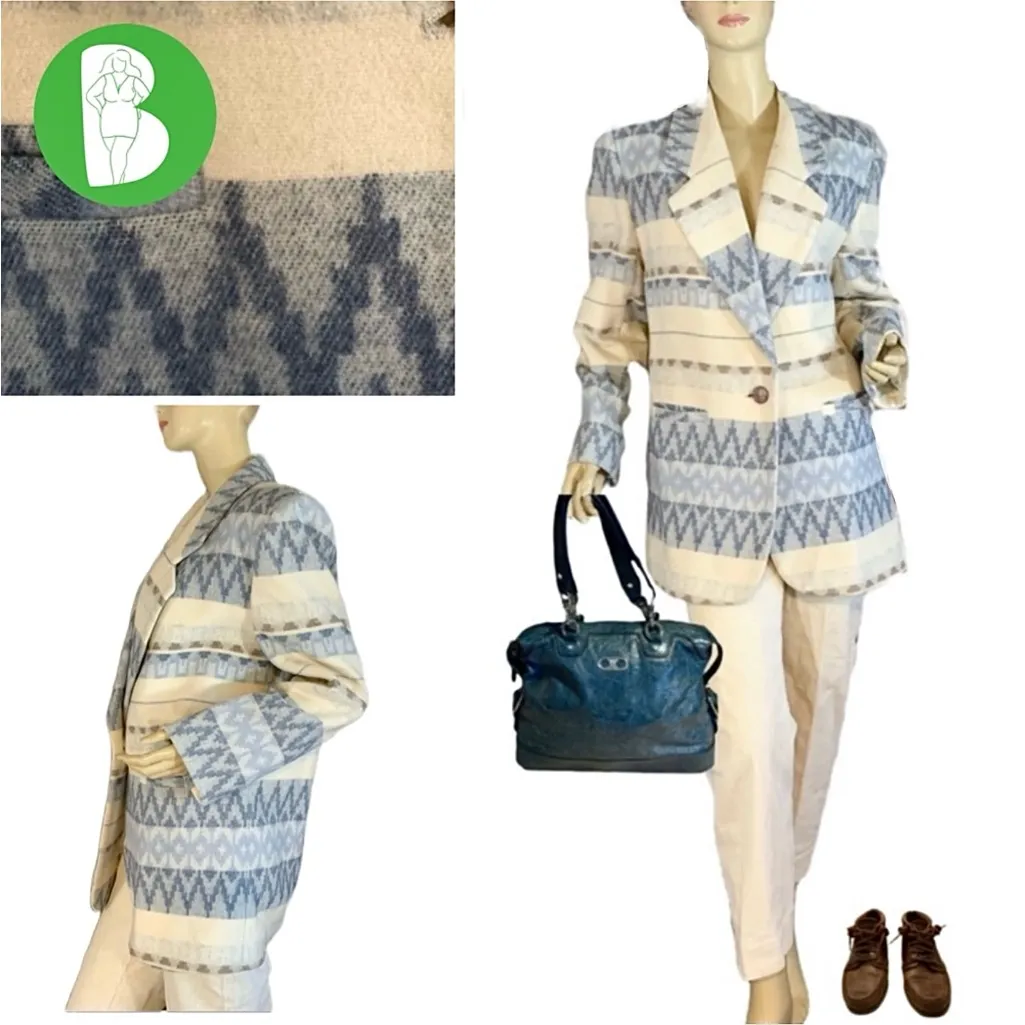 BRAETAN VINTAGE 1990'S CREAM, BLUE & BROWN SOUTHWEST PRINT WOOL BLEND BLAZER (M) Size M - Image 2