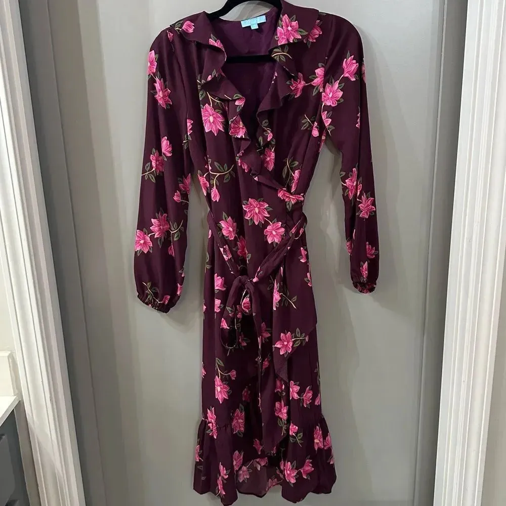 Draper James RSVP Plum Multicolor Floral Ruffle Wrap Lined Dress Size XS - Image 2