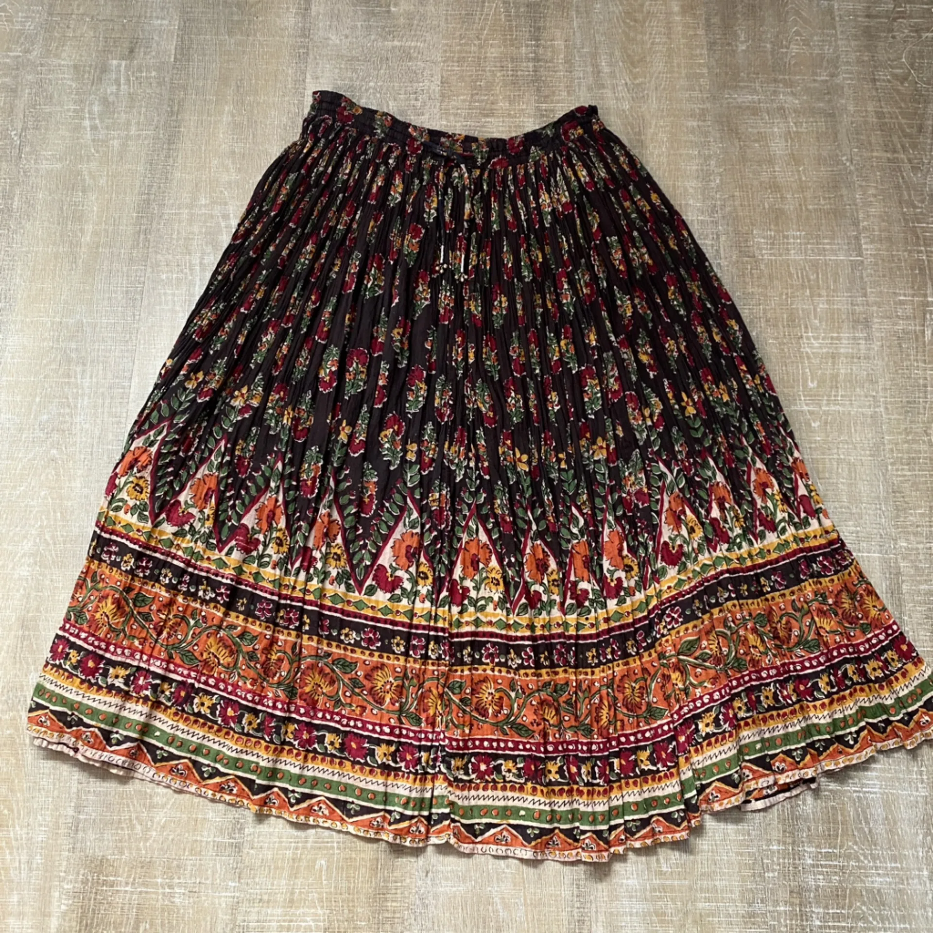 Vintage 90s Bohemian Broomstick Skirt Large Maxi Tie Waist Cotton Crinkle Boho Black - Image 3