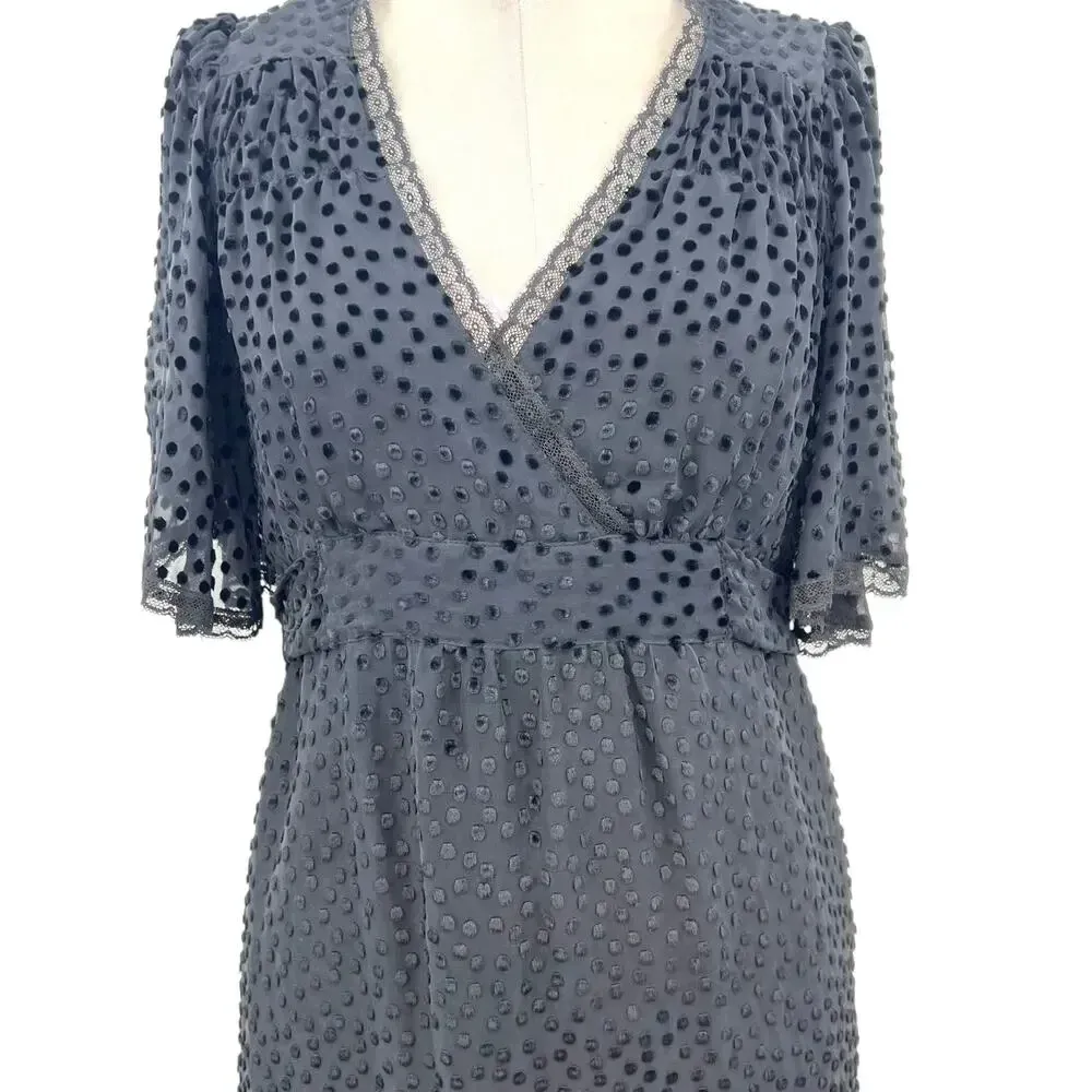 Betsey Johnson Vintage Black Swiss Dot Velvet‎ Flutter Sleeve Dress Size 4 - Image 4