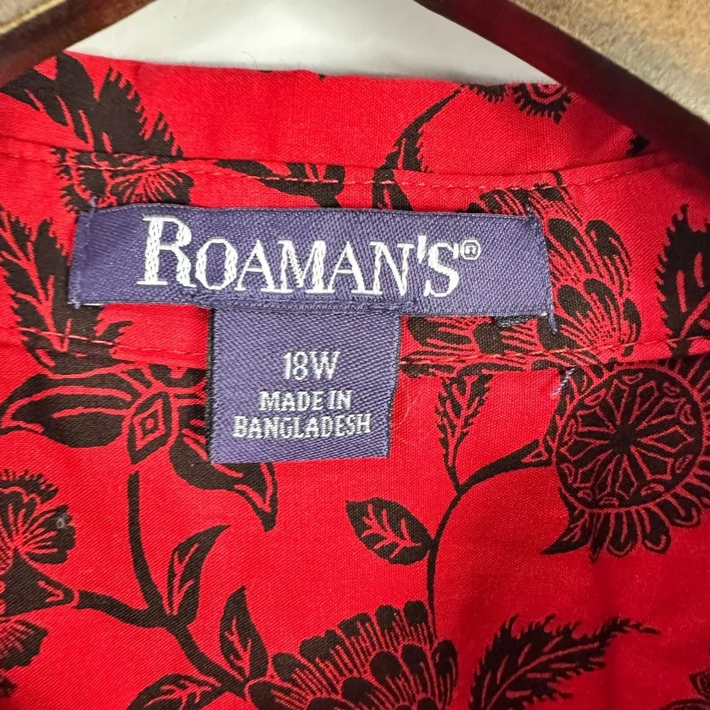 Roamans Blouse 18W Red Black Floral Button Front Long Sleeve Shirt Romantic Bold - Image 3