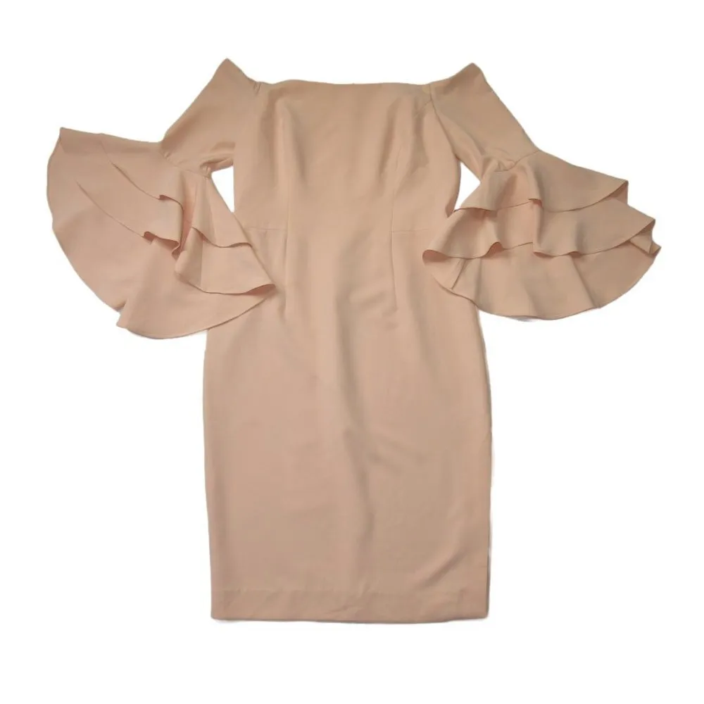 NWT MILLY Selena in Peach Italian Cady Off Shoulder Slit Side Sheath Dress 14 - Image 2