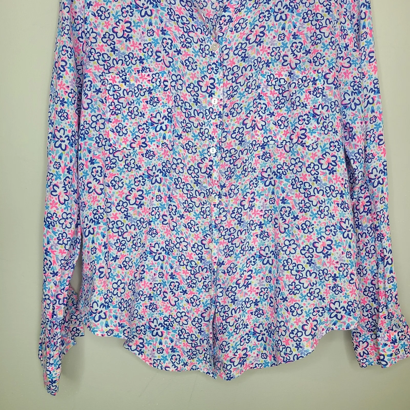 Lilly Pulitzer‎ Sea View Linon Button Down Top Shirt Fun Sun Repeat Ditzy Sz L - Image 3