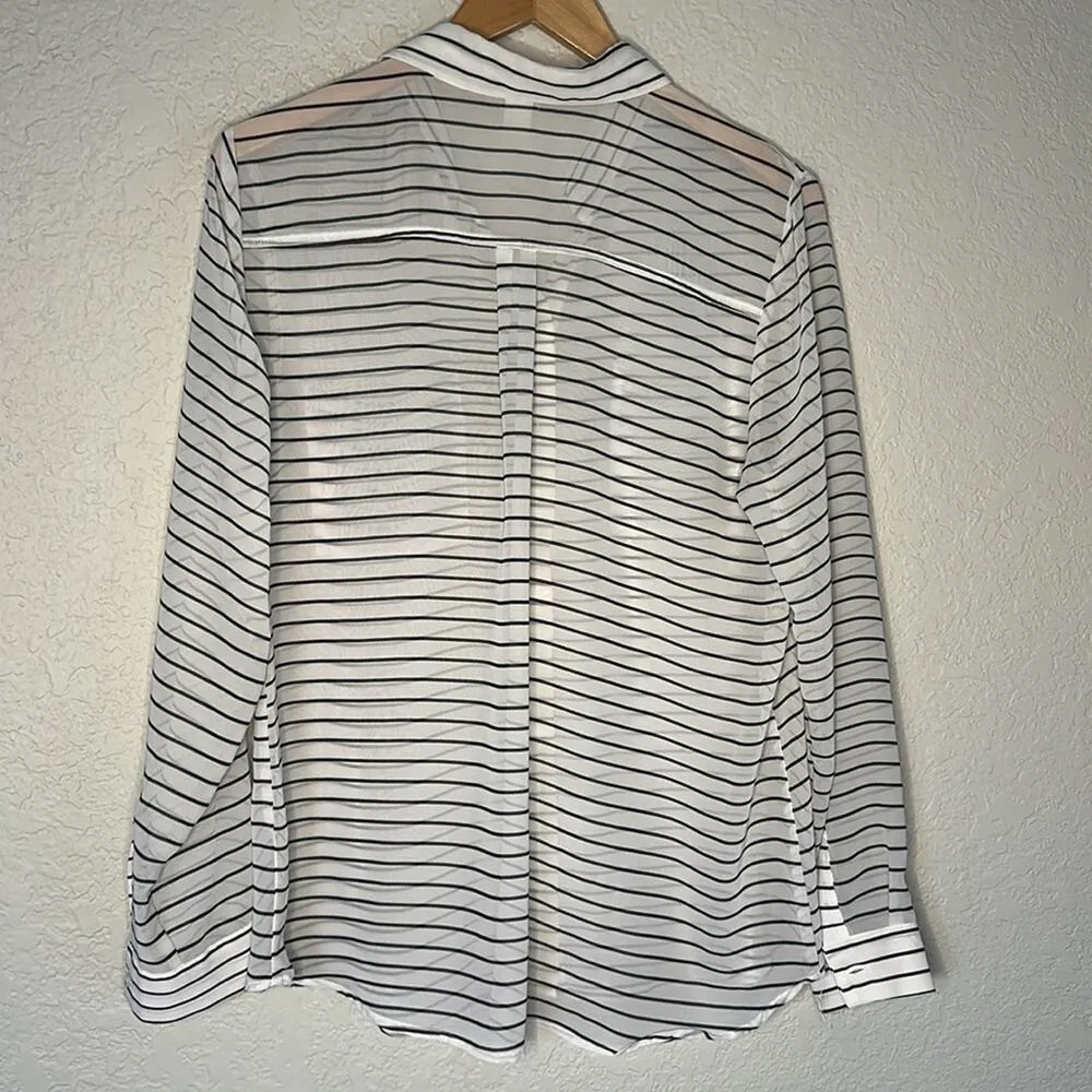 Sheer Black White Stripe Button Front Shirt Size Large Old Navy Preppy Pockets - Image 5