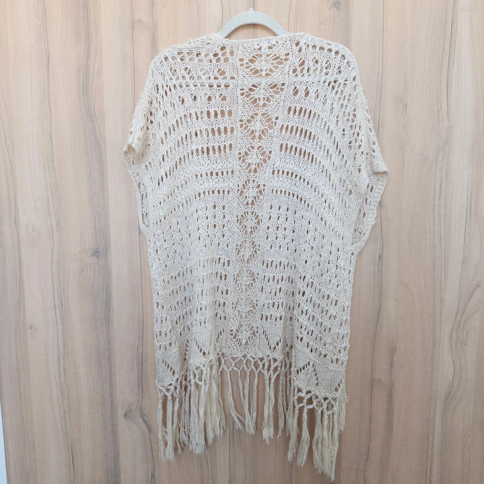 Womens‎ Crochet Cardigan Size M Cream Kimono Duster Fringe Boho Festival Layer - Image 5