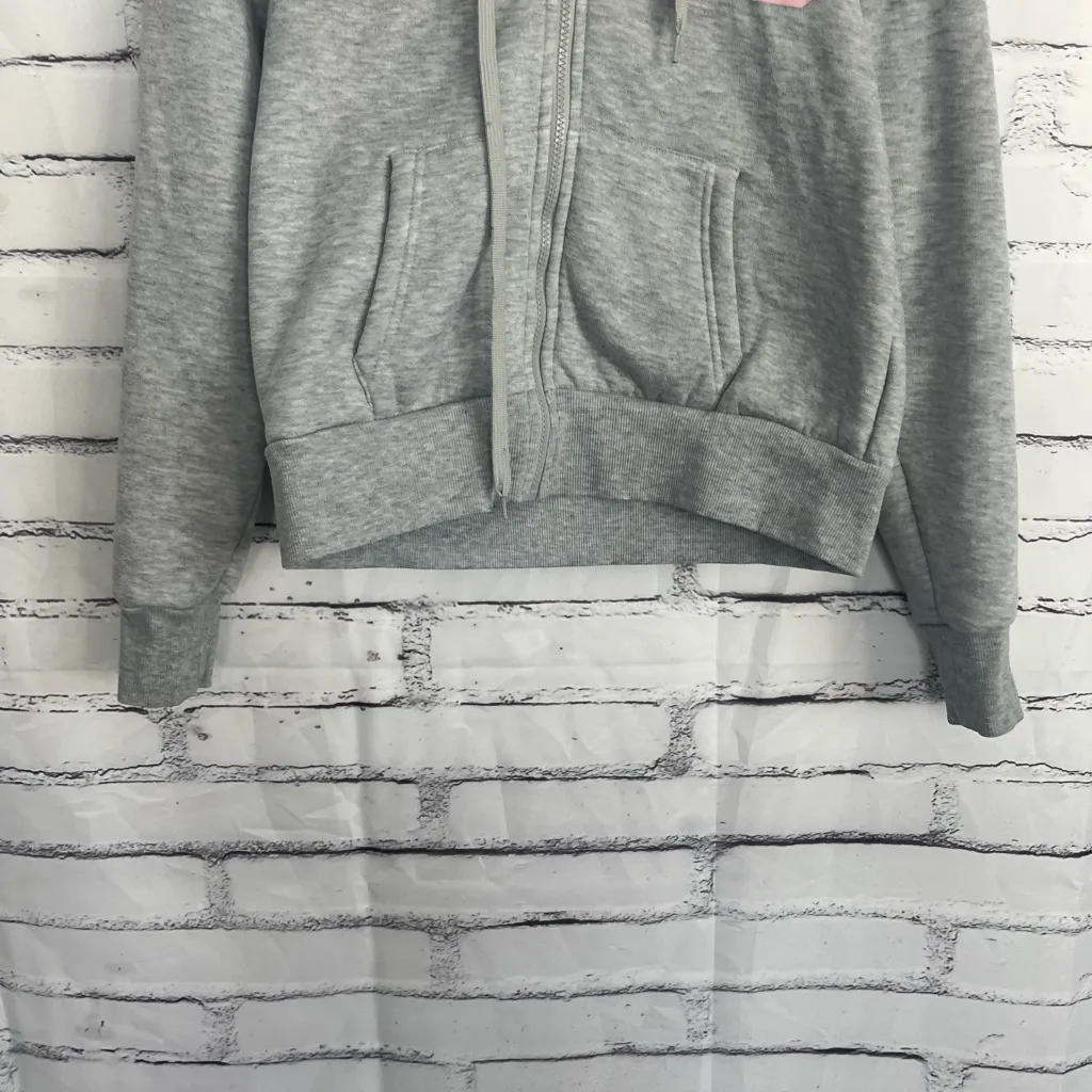 Aeropostale Sport Hoodie Women’s M Gray Sherpa Lined Zip Up Sweatshirt Pink Logo - Image 5