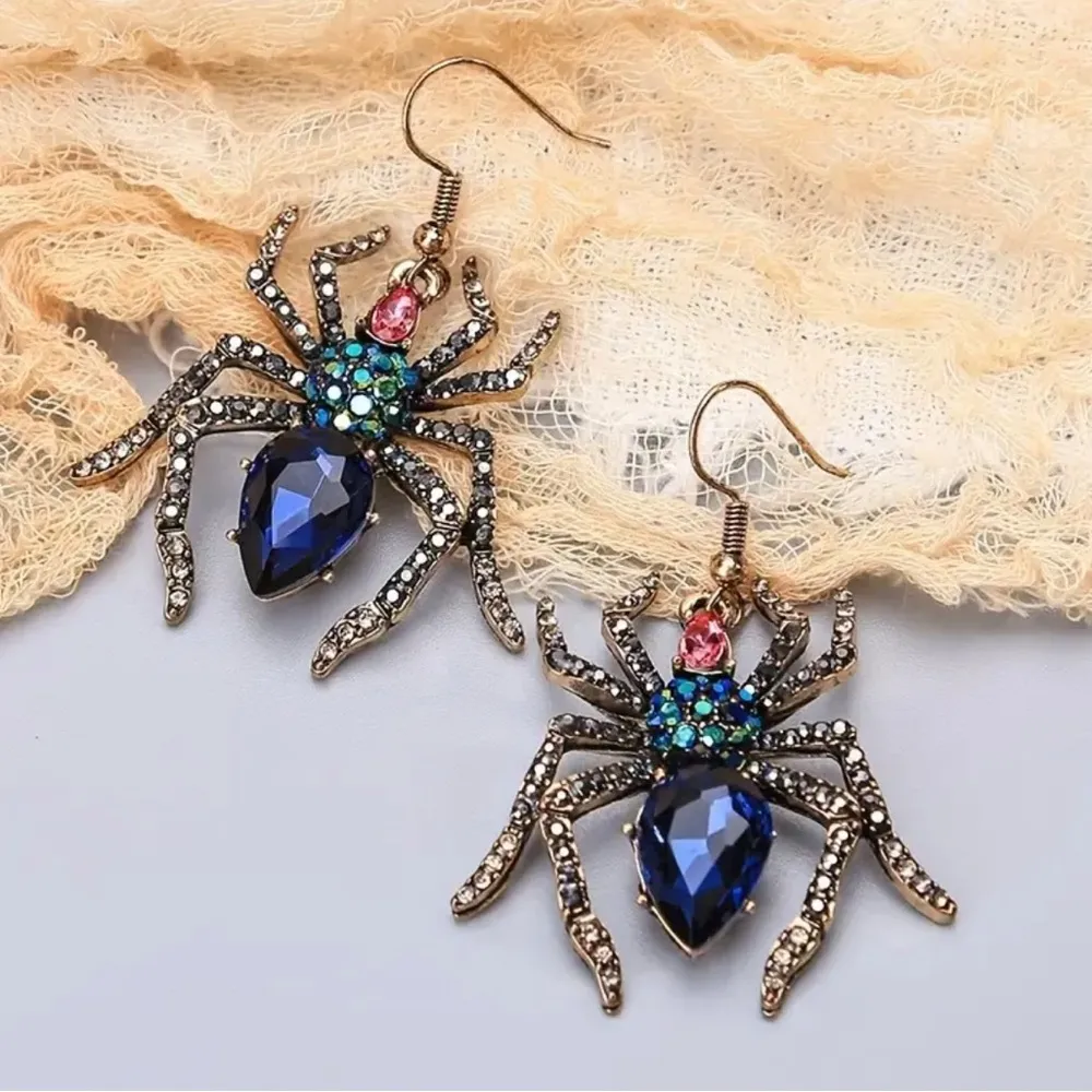 Spider Earrings Rhinestone Blue and Pink NWT funky goth spooky - Image 2