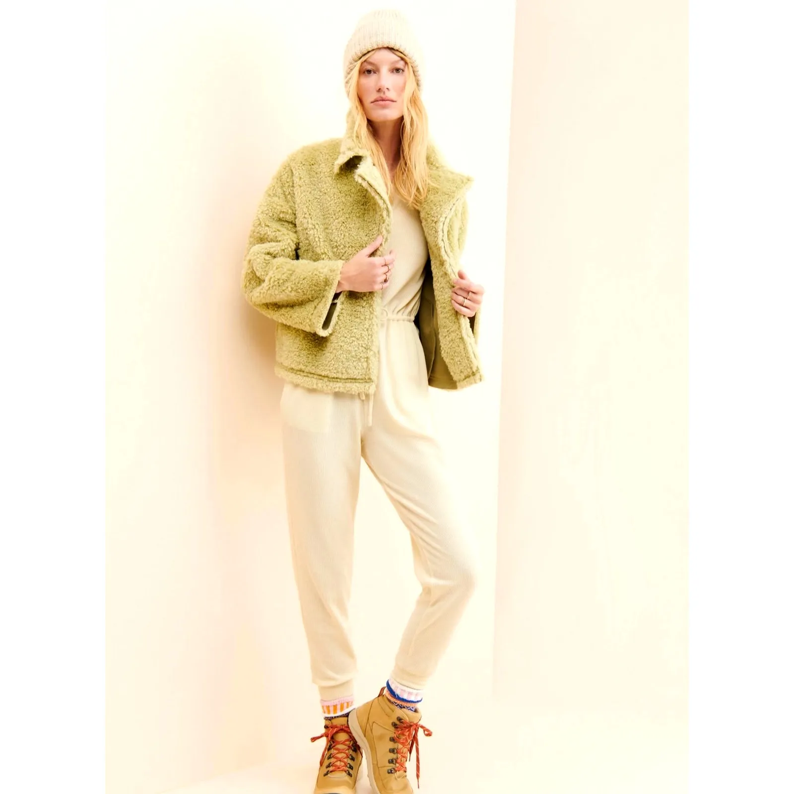Free People Moon River Sherpa Collared Jacket Pale Lime size S - Image 2