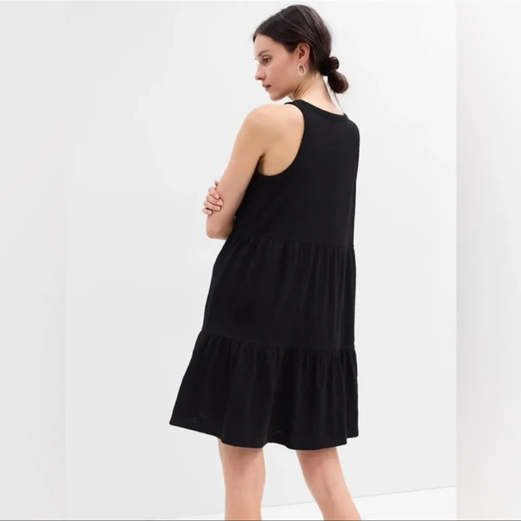 Gap Black Tiered Tank Dress Size M NWT Slub Jersey Knit Crewneck Shirring - Image 2