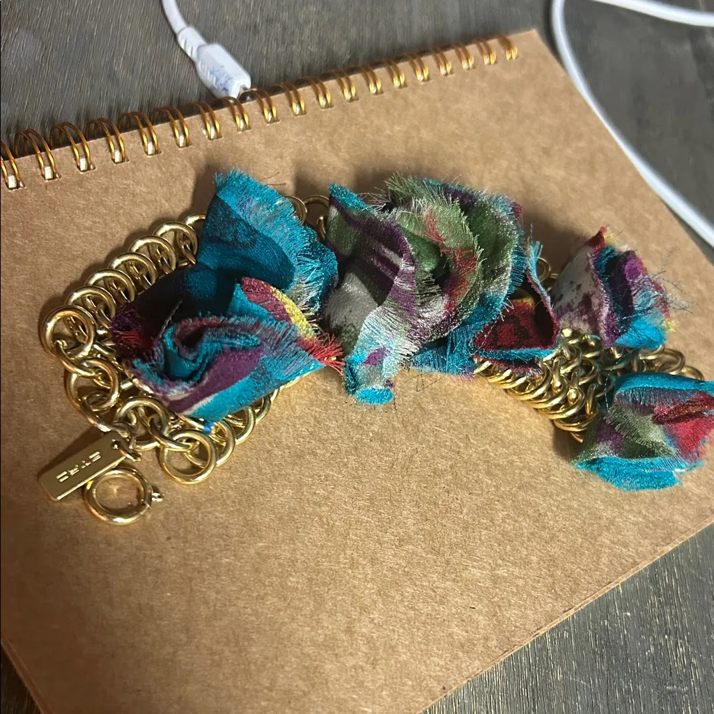 Etro Statement Gold Chainmail Bracelet with Fabric Flowers - Image 2