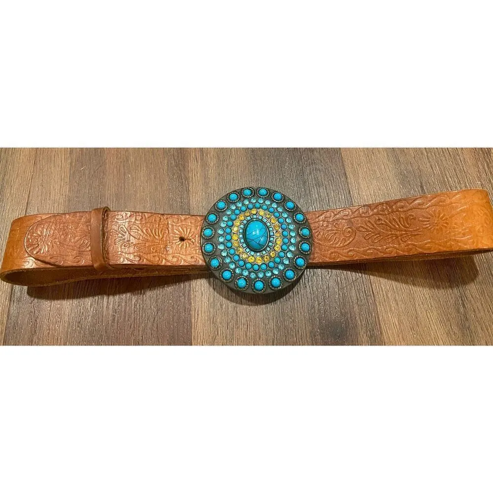 Vintage Olga Santini Tooled leather belt with Rhinestone metal Buckle Tan - Image 4