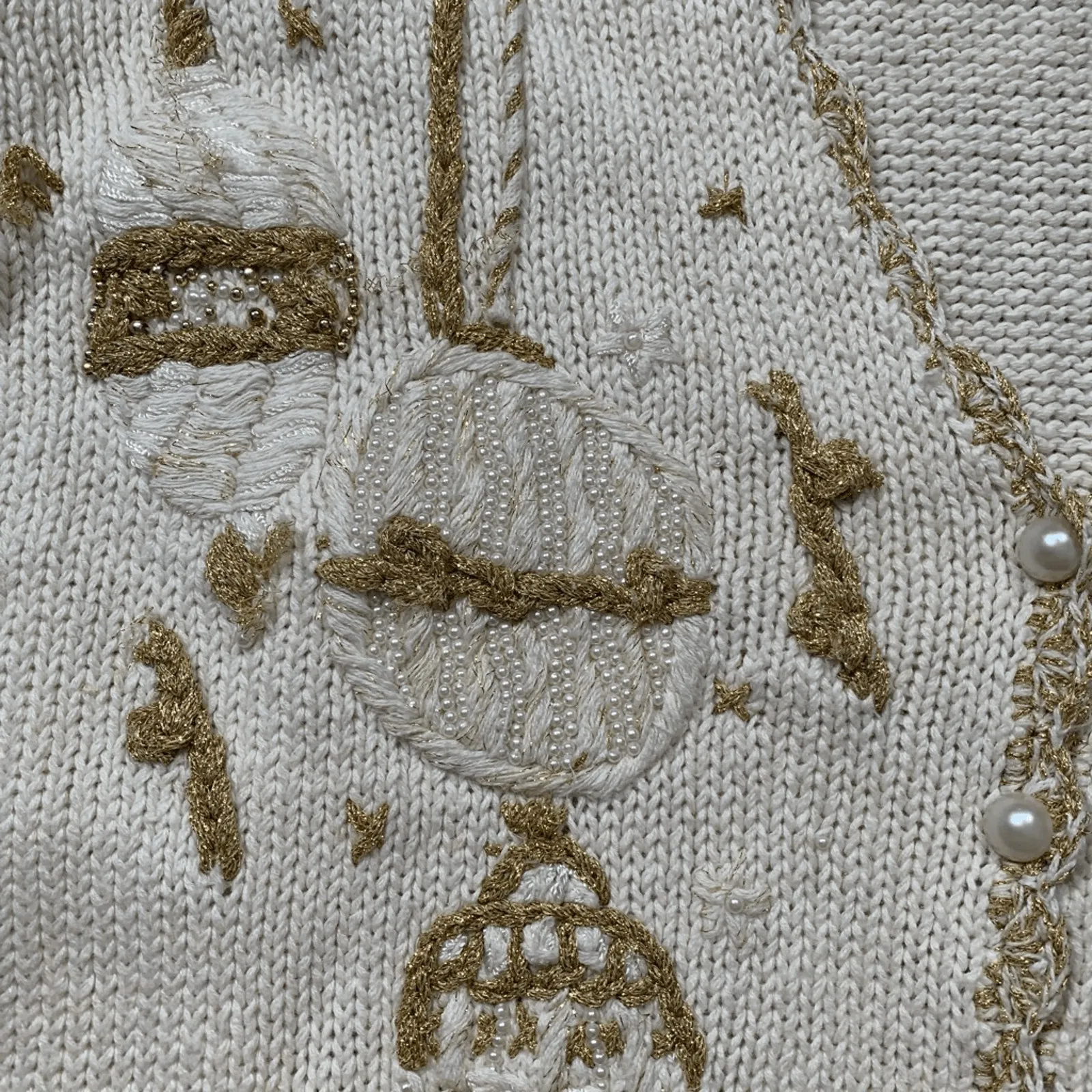 Vintage 90s Jacqueline Ferrar Cream Gold Ornament Knit Cardigan Sweater Small - Image 15