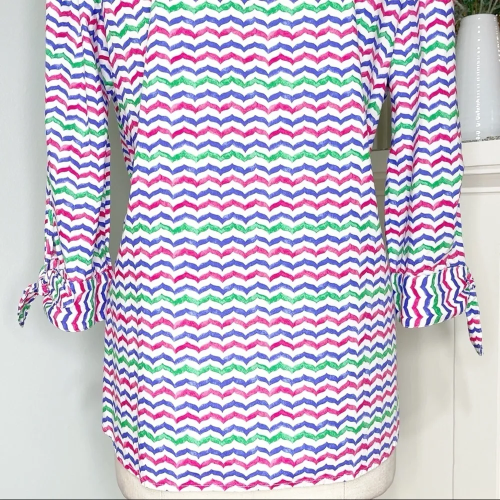Talbots Tunic Top Colorful Whale Tail Wavy Print Tie Sleeve Popover Blouse - Image 8