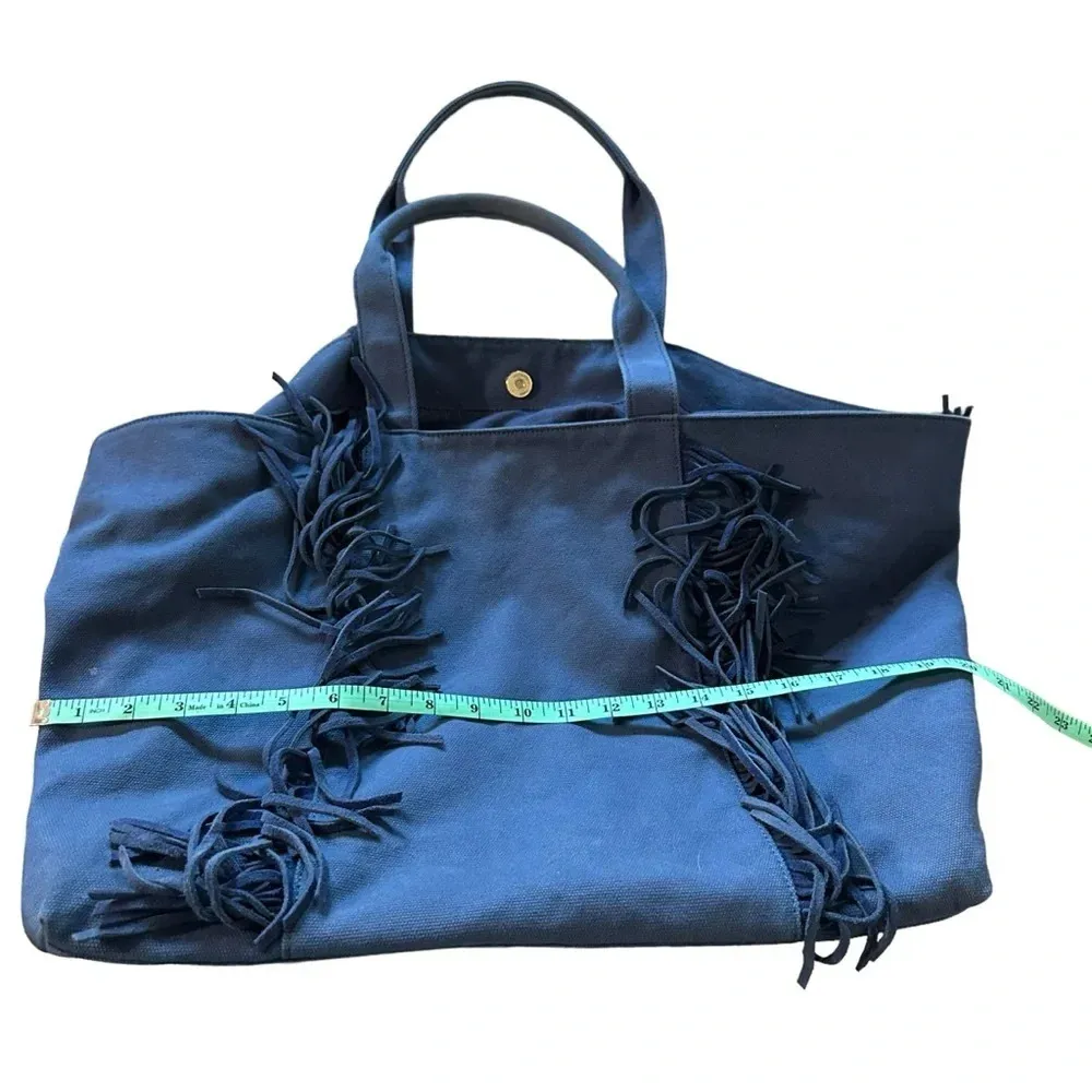 Large Cavas navy blue tote bag with fringe - Image 2