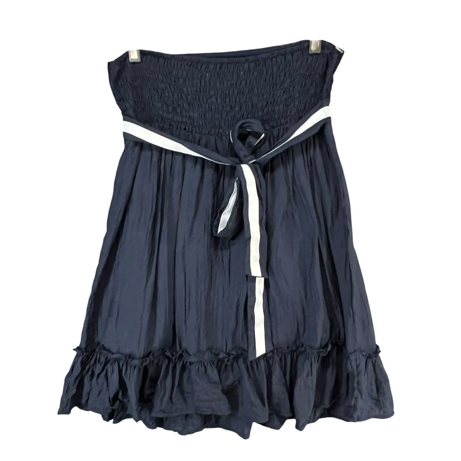 Agaci Mini Dress L Blue Strapless Lace Mesh Embroidered Smocked Y2K Boho Chic - Image 7