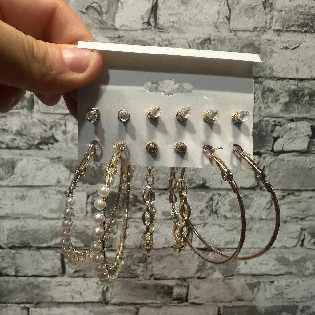 EUC Fashion Earrings Full Set ( 3 Studs, 3 Medium/ Large Hoops) Gold - Image 8