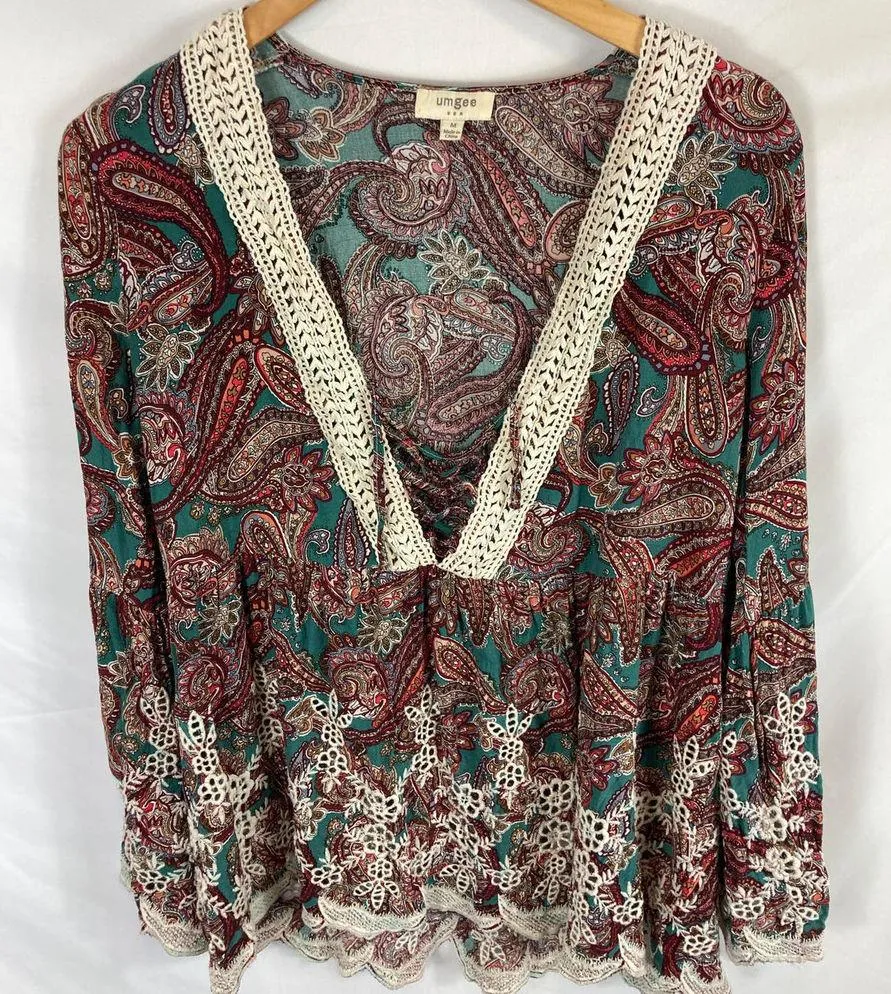 Umgee Paisley Boho Printed Wide Sleeve Blouse Size Medium - Image 2
