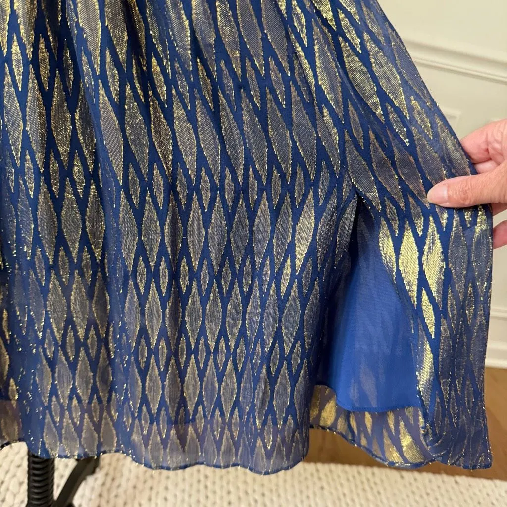 NWOT Halston Heritage Scarf Neck Short Dress Saphire Blue Gold Diamond Scarf Nec - Image 6