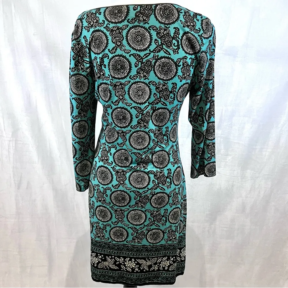 Max Edition long sleeve aqua and black medallion print tie side dress size LP - Image 2