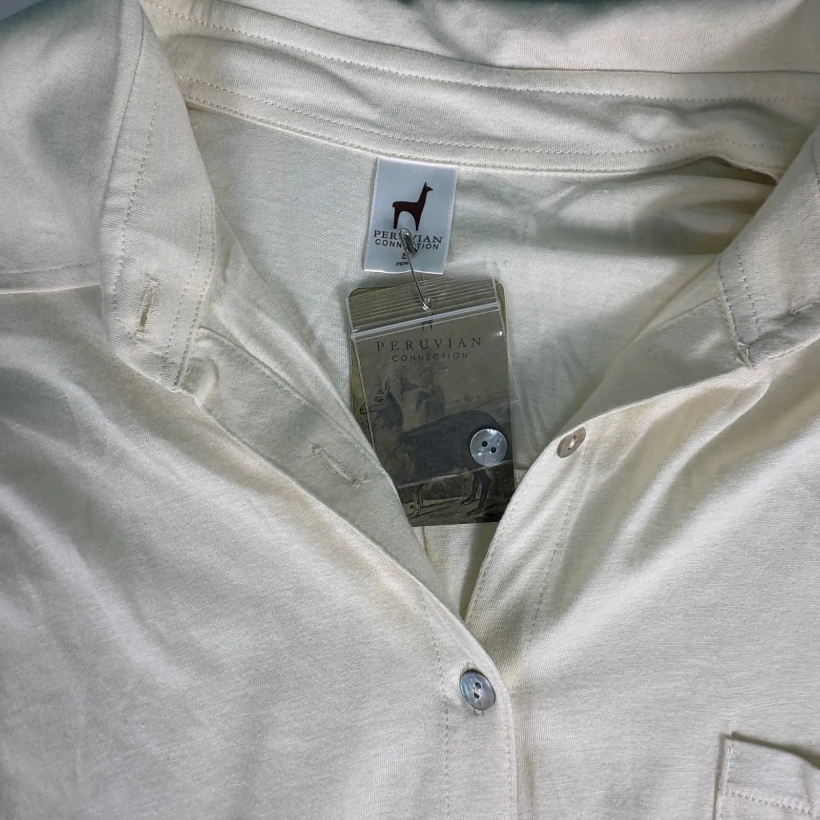 Peruvian‎ Connection Snow Drift Light Jersey Shirt Womens Size S Button Up Cream - Image 4