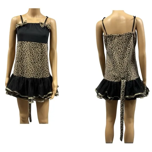 Leopard Print Mini Dress Detachable Tail Halloween Costume Cosplay Womens Medium Black - Image 2