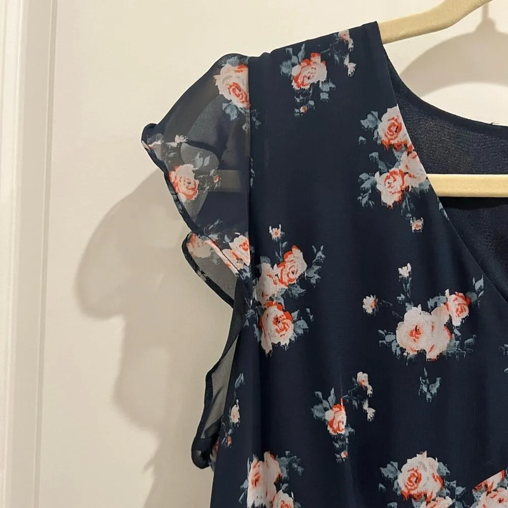 Noir Dress Women M Navy Floral High Low Midi Peasant Ruffle Cottagecore Spring Blue Size M - Image 2