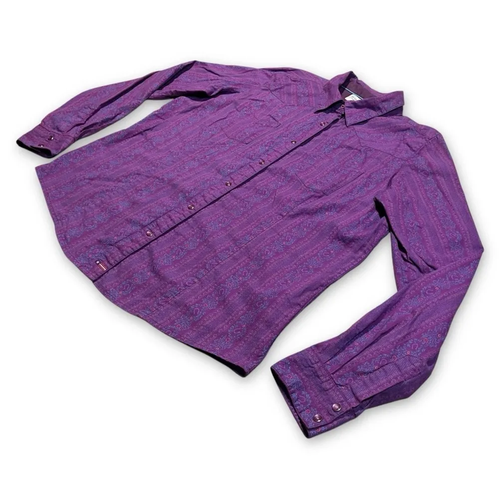 Vintage Wrangler Blues Horseshoe Print Button Shirt Purple Blue Women’s Large - Image 4