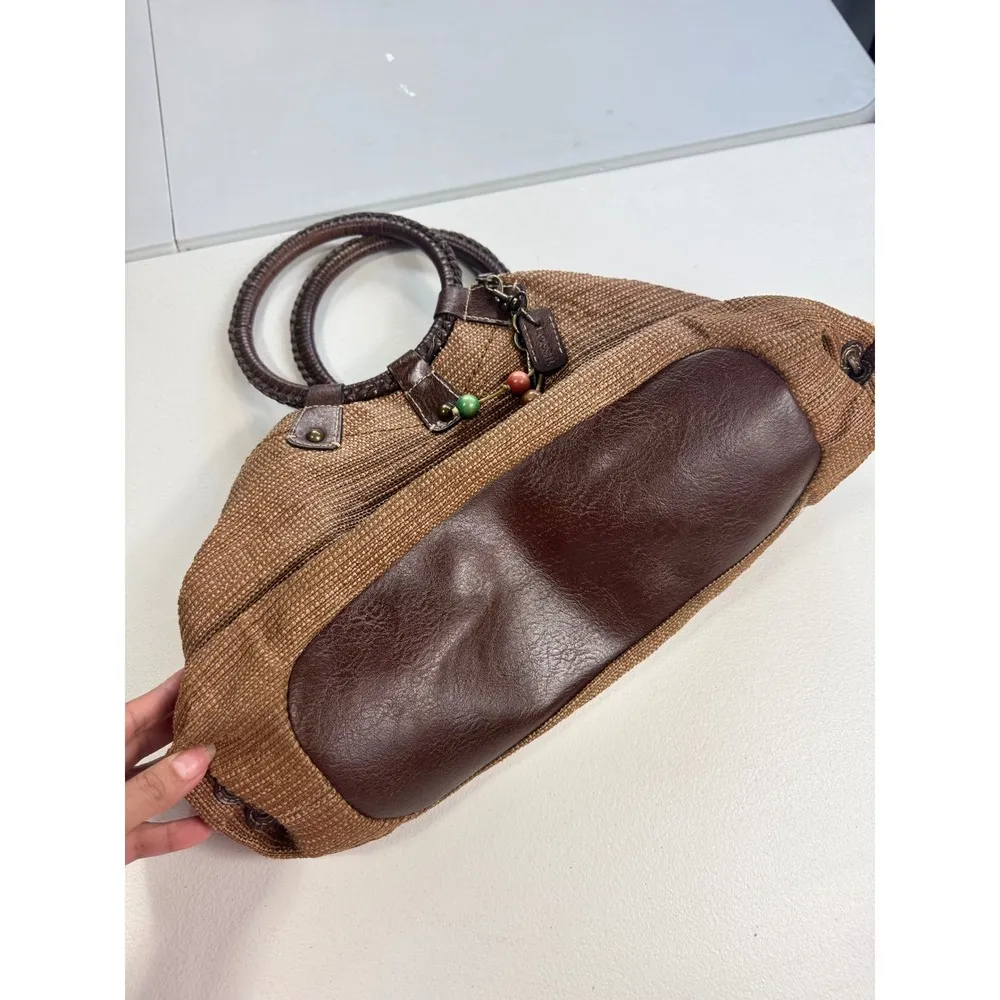 Fossil Brown Woven Circle Handle Satchel Bag Charm‎ Floral Interior - Image 11