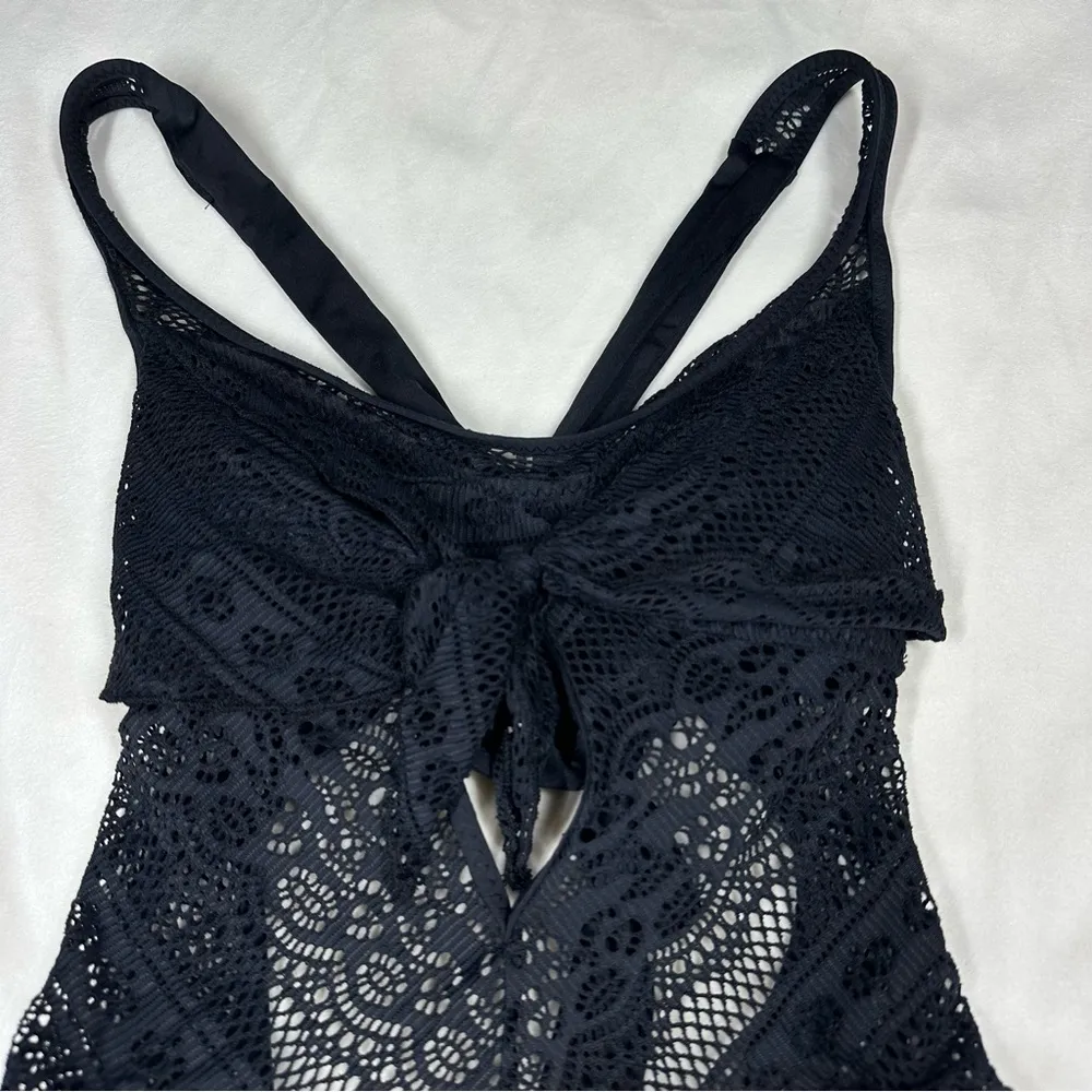 Becca Women's Black Tie-Front Crochet Lace Strappy One-Piece Swimsuit XS - Image 7