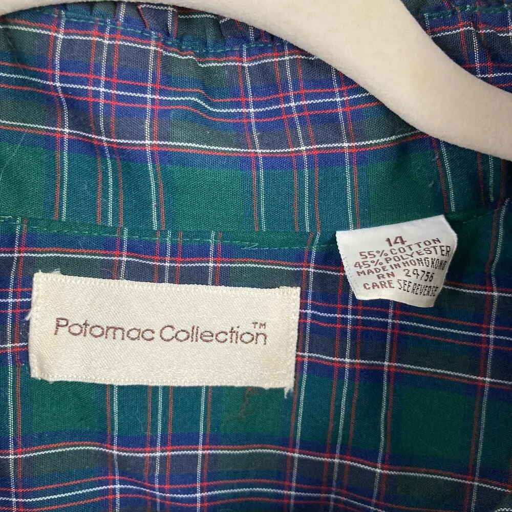 Vintage Womens L Green Plaid Puff Sleeve Ruffle Shirt Dark Academia Office Retro Size L - Image 5