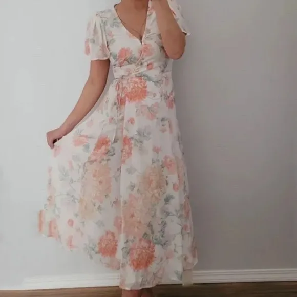 Abercrombie & Fitch Angel Sleeve Wrap Midi DressSmall CoralFloral Pink Vacation - Image 3