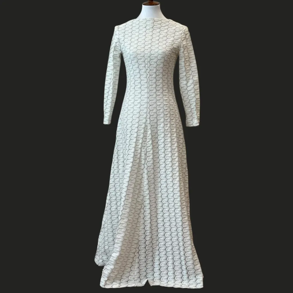 Vintage 70s White Maxi Dress Small 60s XS Crochet Boho Lace Long Wedding Gown Silver - Image 16