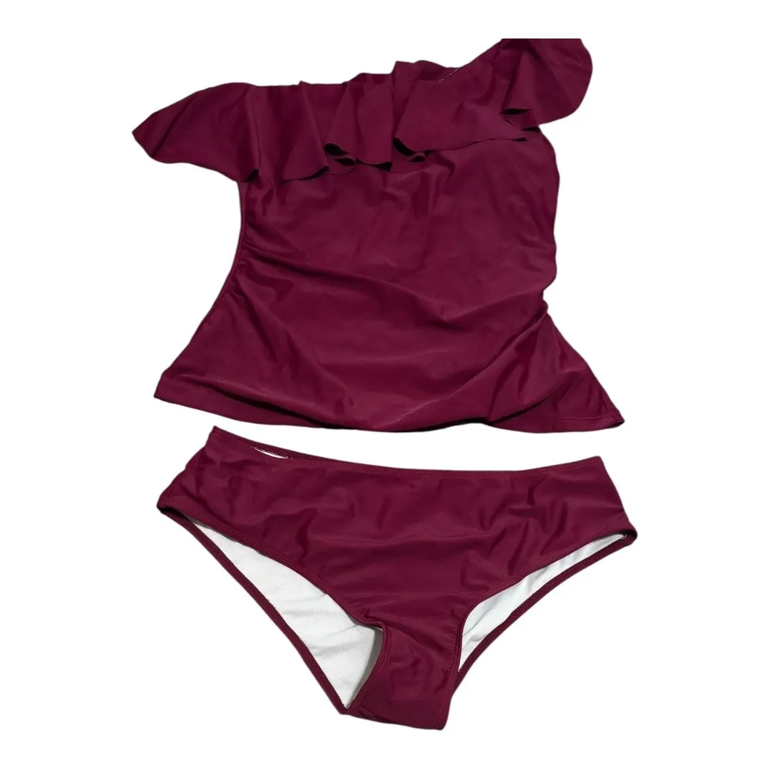 Maroon Tankini Two-Piece One Shoulder Swimsuit Size L - Image 2