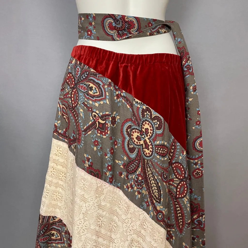 Vintage 70s Chessa Davis Patchwork Skirt Brown Lace Velvet Maxi Belt Hippie Boho - Image 5