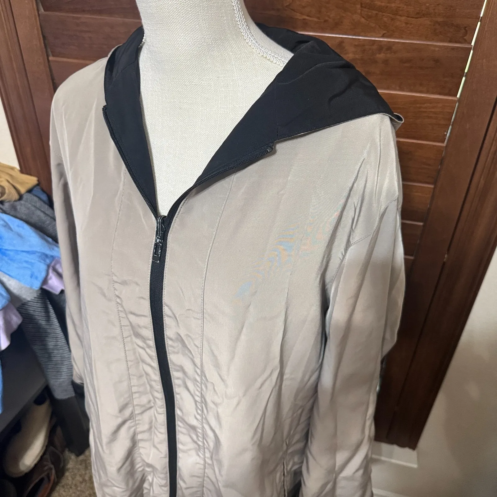 Gallery Reversible Jacket Womens L Black Beige Hooded Full Zip Raincoat - Image 6